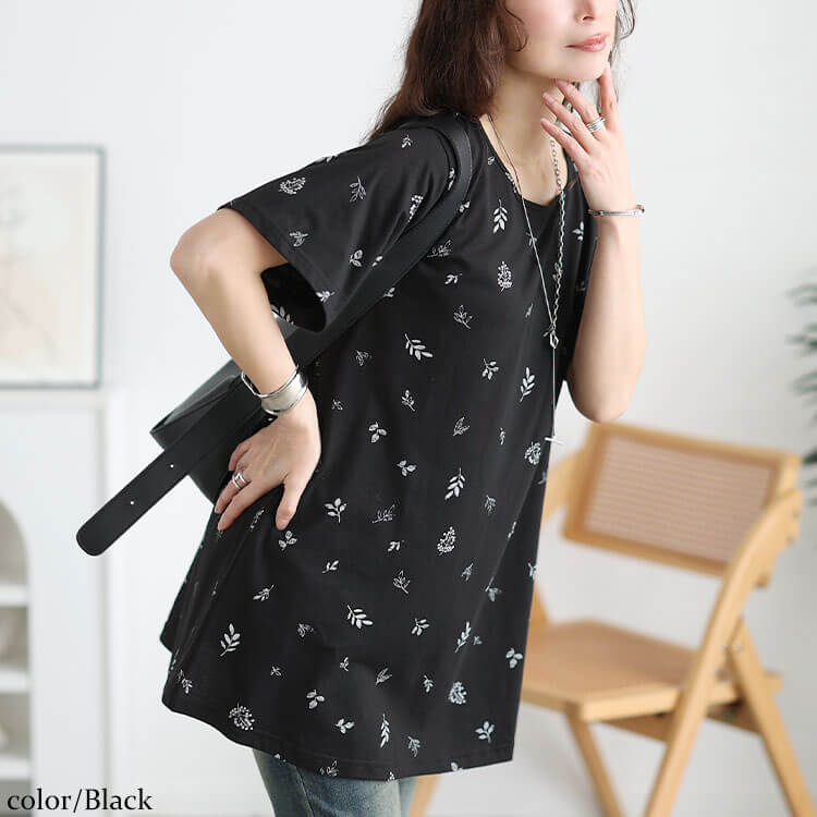 大きいサイズ レディース リーフ柄コットンチュニックTシャツ
