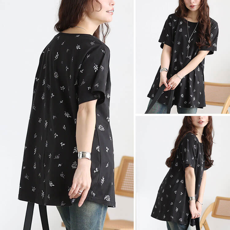 大きいサイズ レディース リーフ柄コットンチュニックTシャツ
