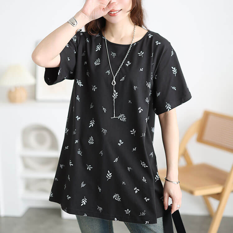 大きいサイズ レディース リーフ柄コットンチュニックTシャツ