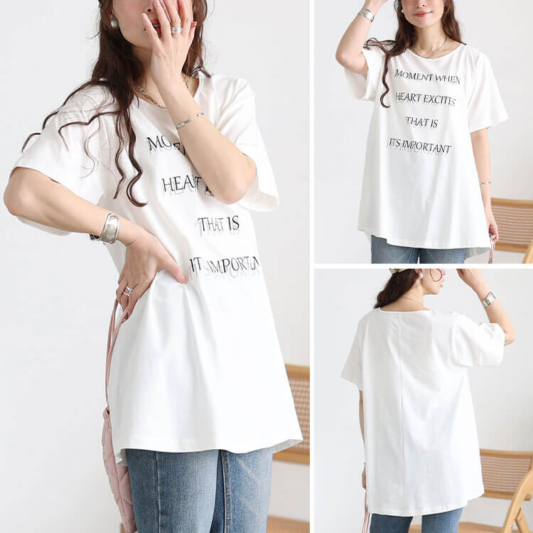 大きいサイズ レディース ロゴプリントコットンチュニックTシャツ