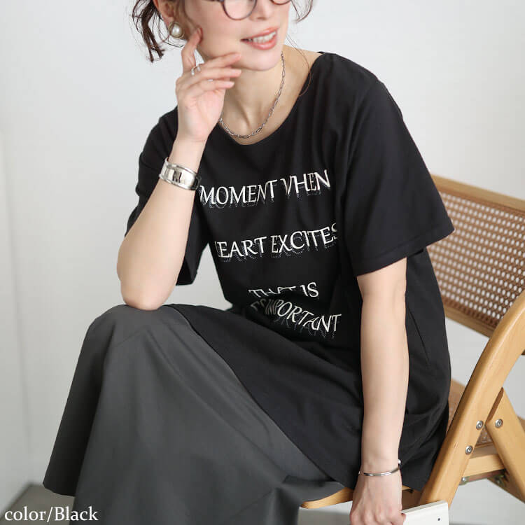 大きいサイズ レディース ロゴプリントコットンチュニックTシャツ