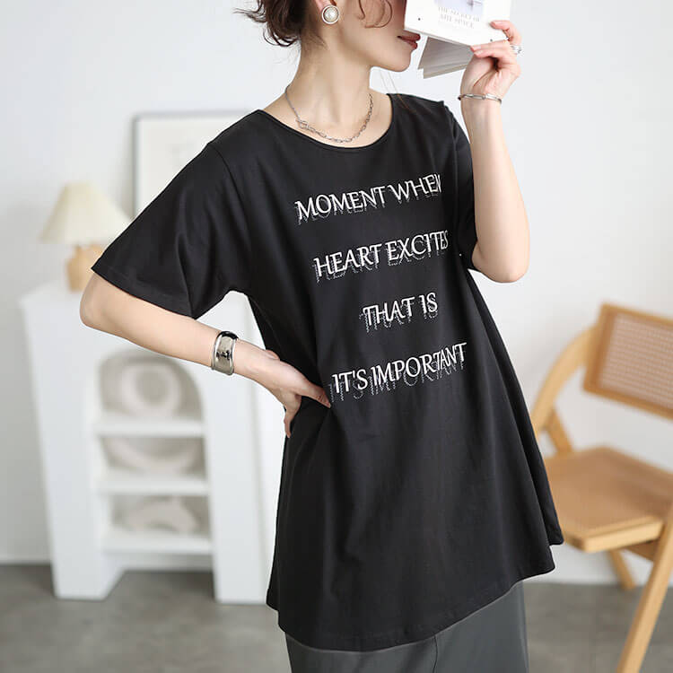 大きいサイズ レディース ロゴプリントコットンチュニックTシャツ ブラック