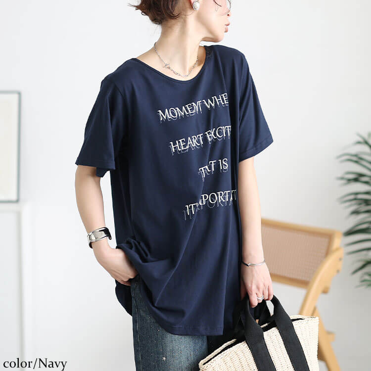 大きいサイズ レディース ロゴプリントコットンチュニックTシャツ ネイビー