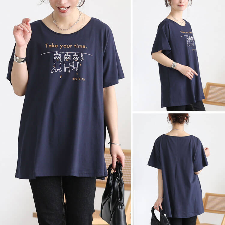 大きいサイズ レディース ネコプリントコットンチュニックTシャツ