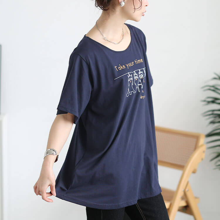 大きいサイズ レディース ネコプリントコットンチュニックTシャツ cast