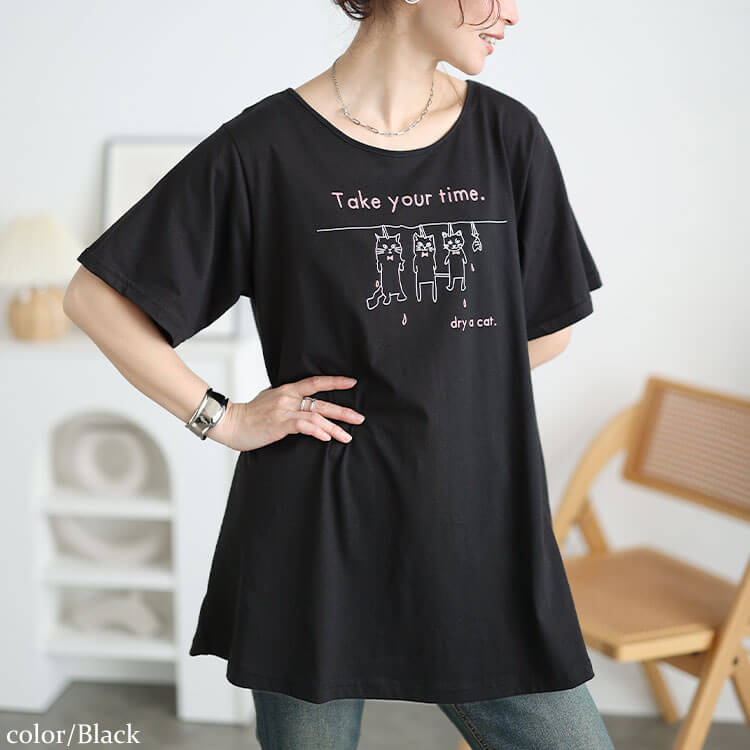 大きいサイズ レディース ネコプリントコットンチュニックTシャツ