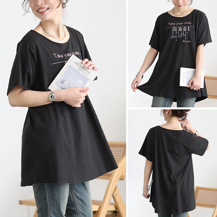 大きいサイズ レディース ネコプリントコットンチュニックTシャツ