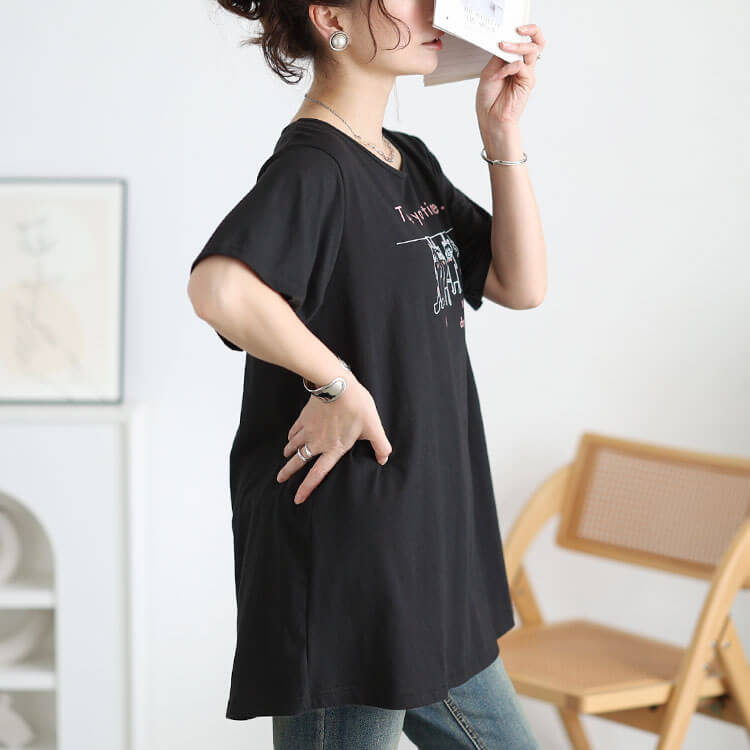 大きいサイズ レディース ネコプリントコットンチュニックTシャツ