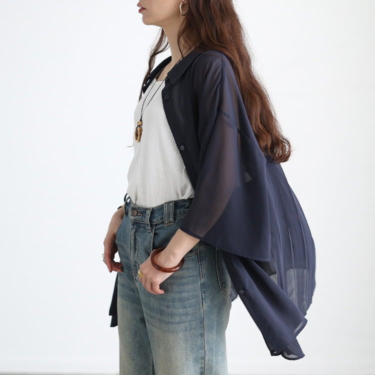 大きいサイズ レディース バックプリーツシフォンシャツチュニック ネイビー