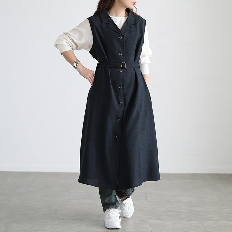 大きいサイズ レディース リネンライクオープンカラージレワンピース ネイビー