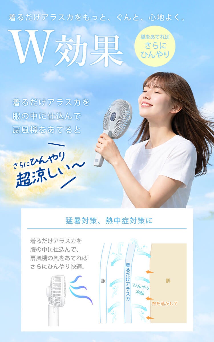 「着るだけアラスカ冷感シート」は着用時、扇風機で更にひんやり冷却