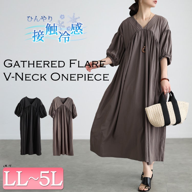 大きいサイズ レディース 接触冷感ギャザー切り替えフレアワンピース