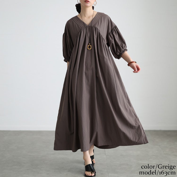 大きいサイズ レディース 接触冷感ギャザー切り替えフレアワンピース グレージュ