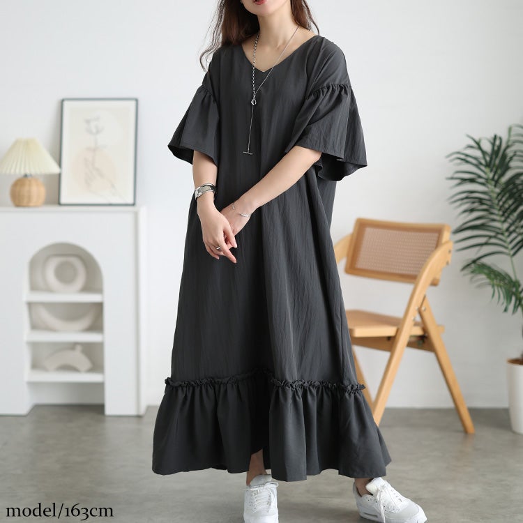 大きいサイズ レディース 接触冷感フリル袖ティアードワンピース