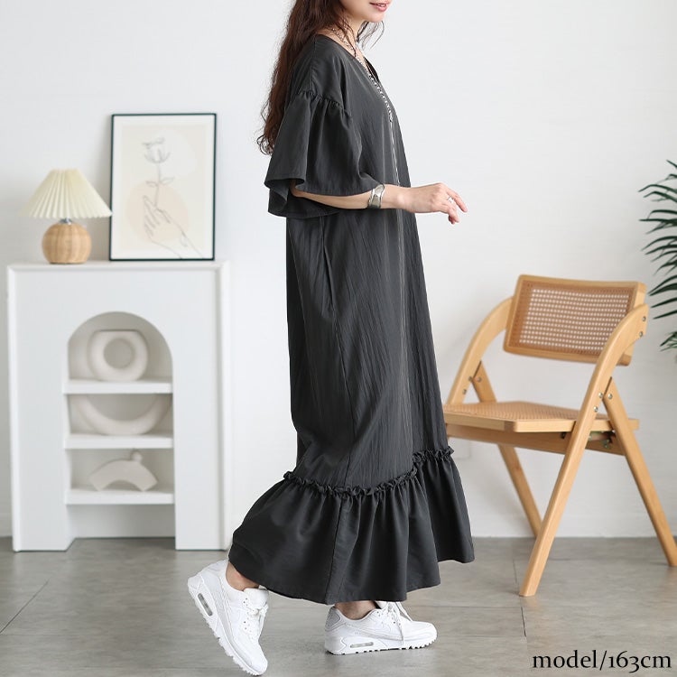 大きいサイズ レディース 接触冷感フリル袖ティアードワンピース