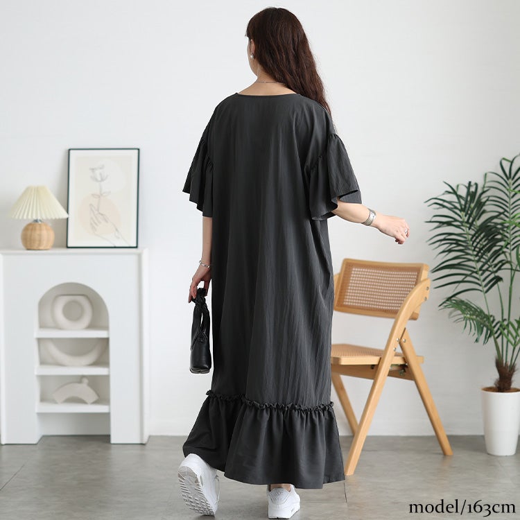 大きいサイズ レディース 接触冷感フリル袖ティアードワンピース