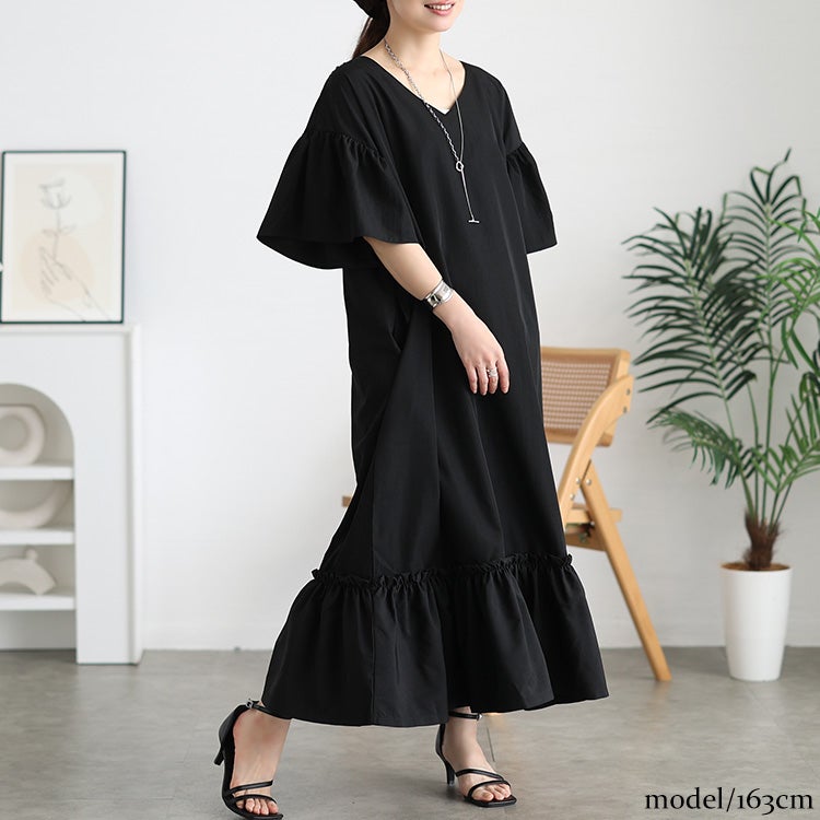 大きいサイズ レディース 接触冷感フリル袖ティアードワンピース