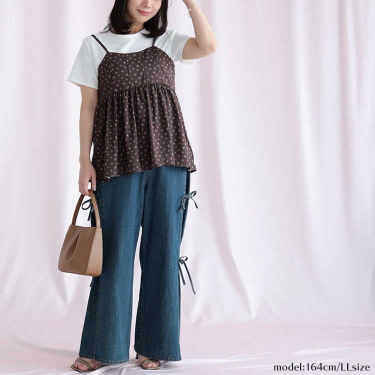 大きいサイズ レディース 小花柄バックシャーリングビスチェチュニック