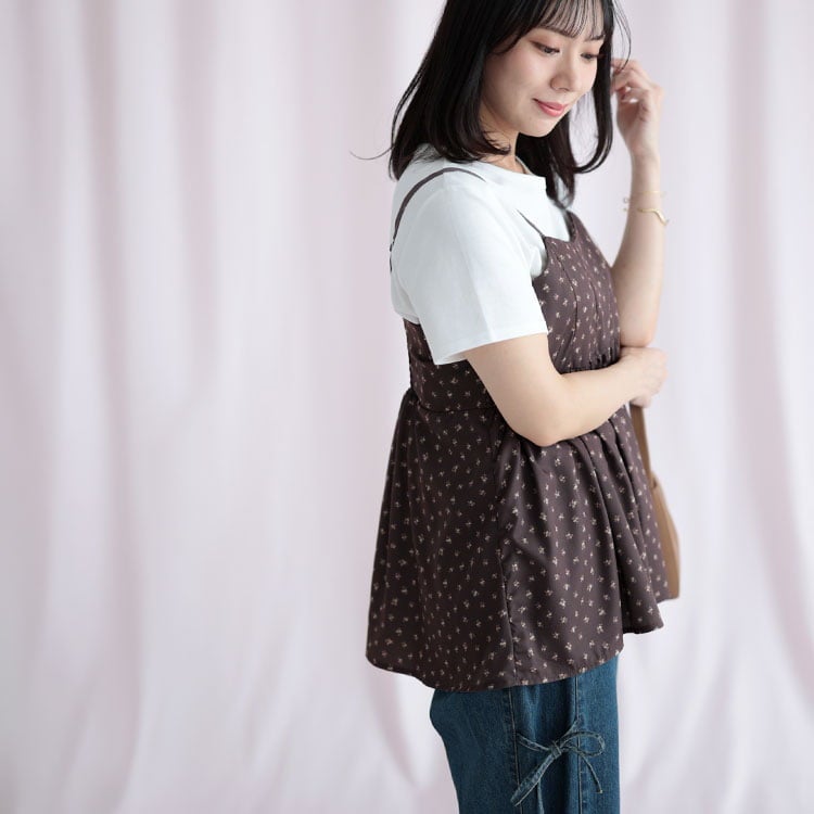 大きいサイズ レディース 小花柄バックシャーリングビスチェチュニック