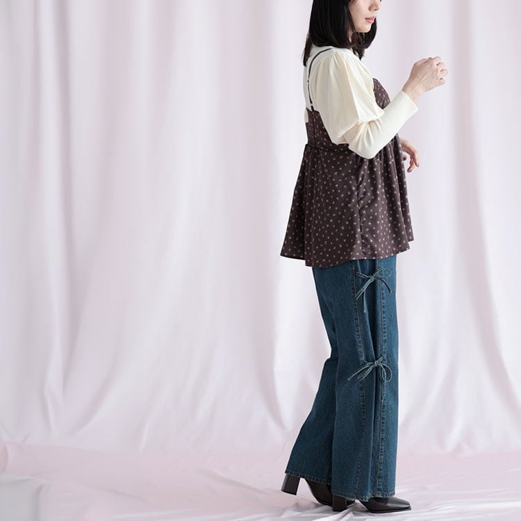 大きいサイズ レディース 小花柄バックシャーリングビスチェチュニック