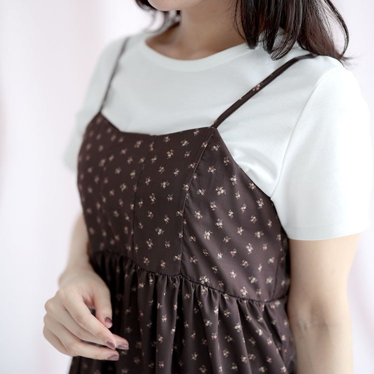 大きいサイズ レディース 小花柄バックシャーリングビスチェチュニック