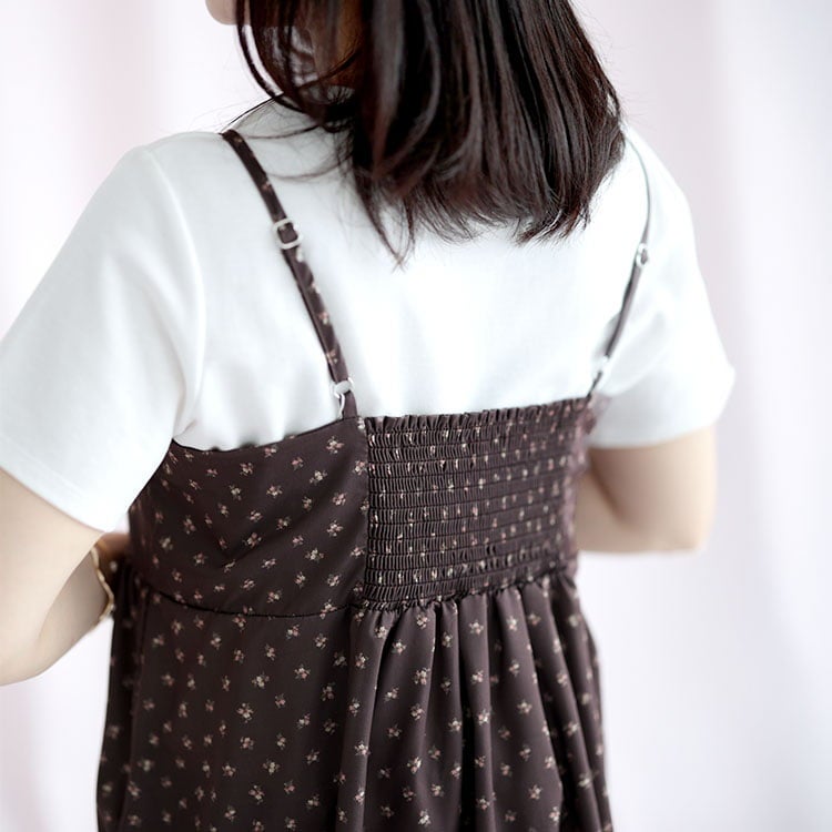 大きいサイズ レディース 小花柄バックシャーリングビスチェチュニック