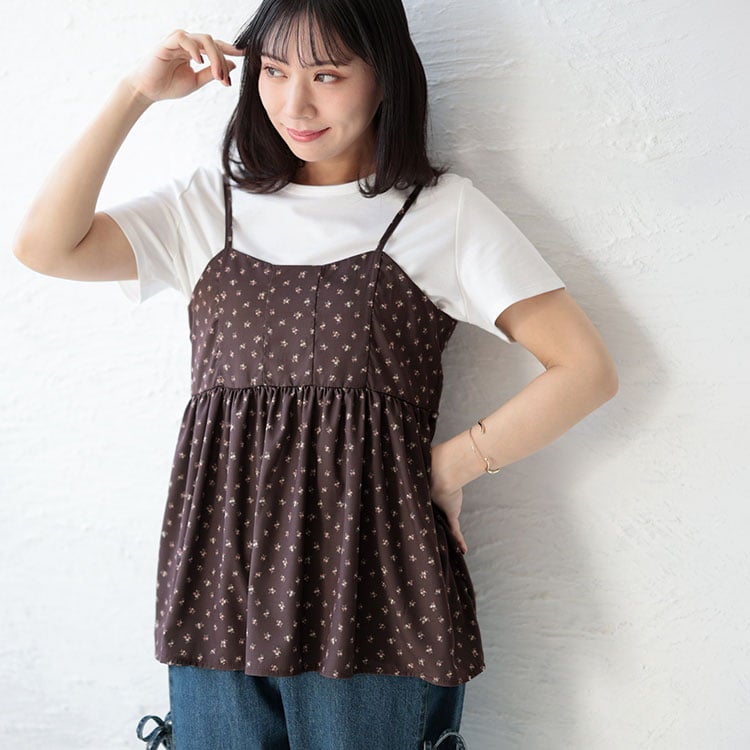 大きいサイズ レディース 小花柄バックシャーリングビスチェチュニック