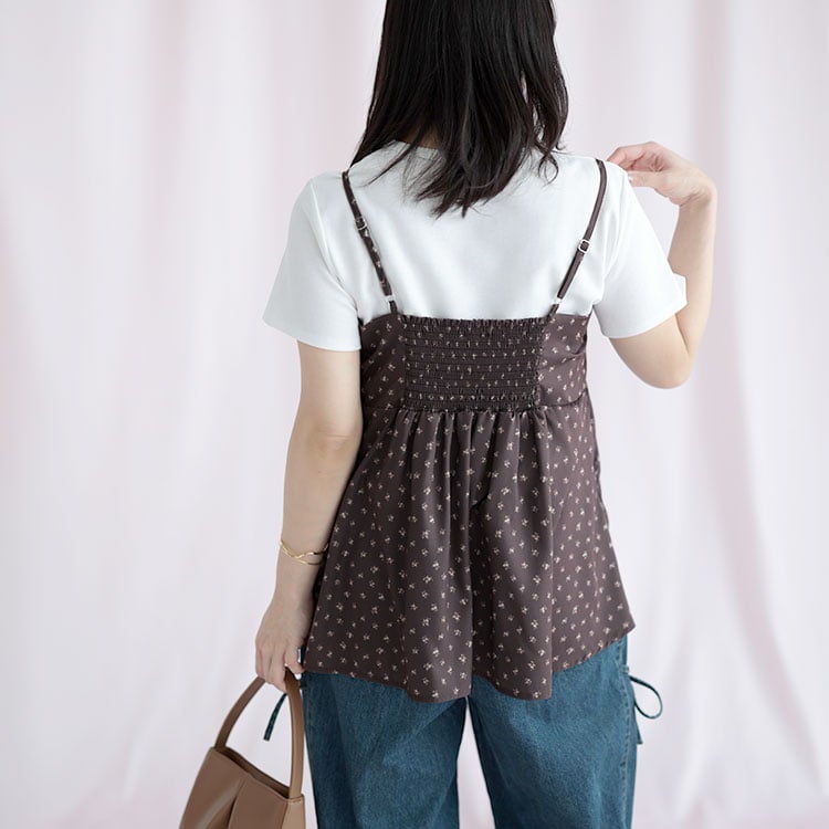 大きいサイズ レディース 小花柄バックシャーリングビスチェチュニック