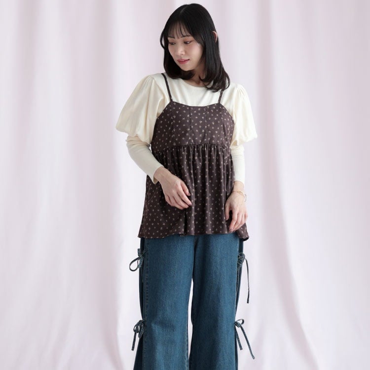 大きいサイズ レディース 小花柄バックシャーリングビスチェチュニック