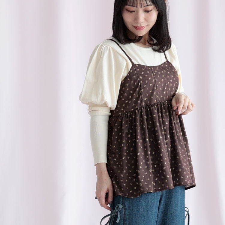 大きいサイズ レディース 小花柄バックシャーリングビスチェチュニック