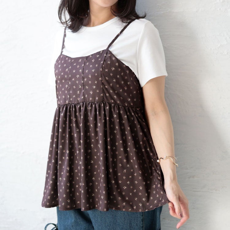 大きいサイズ レディース 小花柄バックシャーリングビスチェチュニック