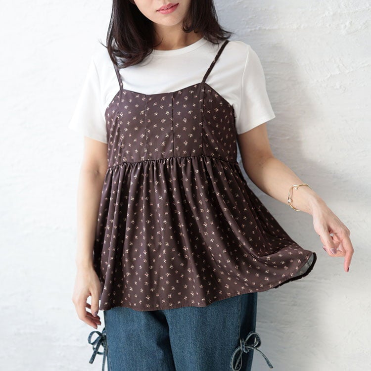 大きいサイズ レディース 小花柄バックシャーリングビスチェチュニック ブラウン