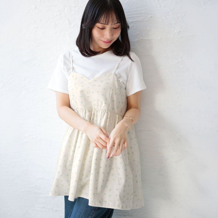 大きいサイズ レディース 小花柄バックシャーリングキャミチュニック