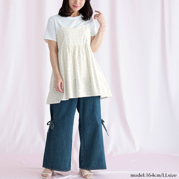 大きいサイズ レディース 小花柄バックシャーリングキャミチュニック