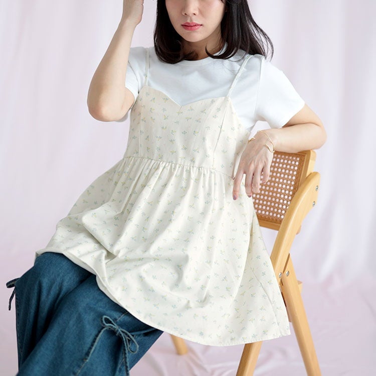 大きいサイズ レディース 小花柄バックシャーリングキャミチュニック