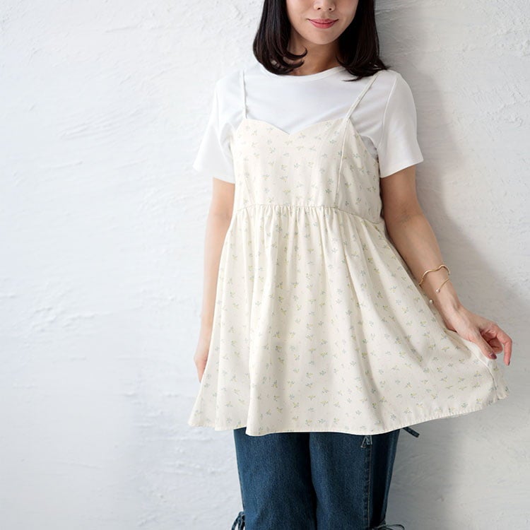 大きいサイズ レディース 小花柄バックシャーリングキャミチュニック