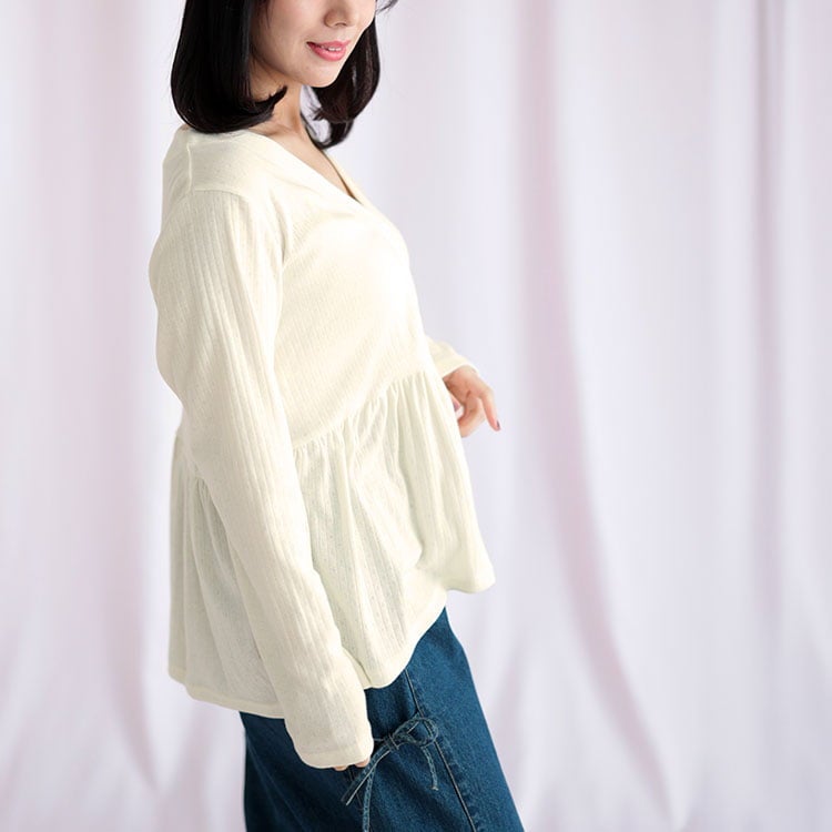 大きいサイズ レディース 小花パンチングリブ切替ペプラムVネックカーディガン