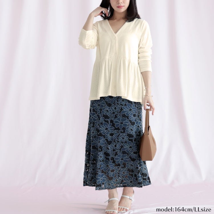 大きいサイズ レディース 小花パンチングリブ切替ペプラムVネックカーディガン