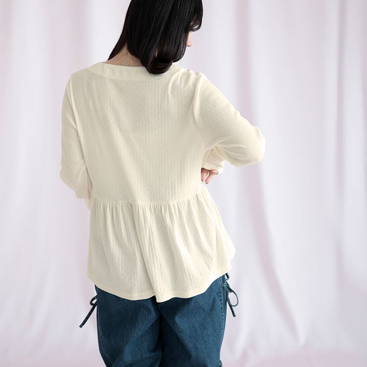 大きいサイズ レディース 小花パンチングリブ切替ペプラムVネックカーディガン