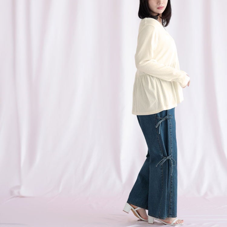 大きいサイズ レディース 小花パンチングリブ切替ペプラムVネックカーディガン