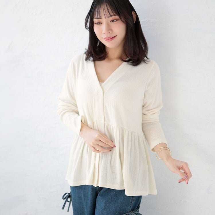 大きいサイズ レディース 小花パンチングリブ切替ペプラムVネックカーディガン