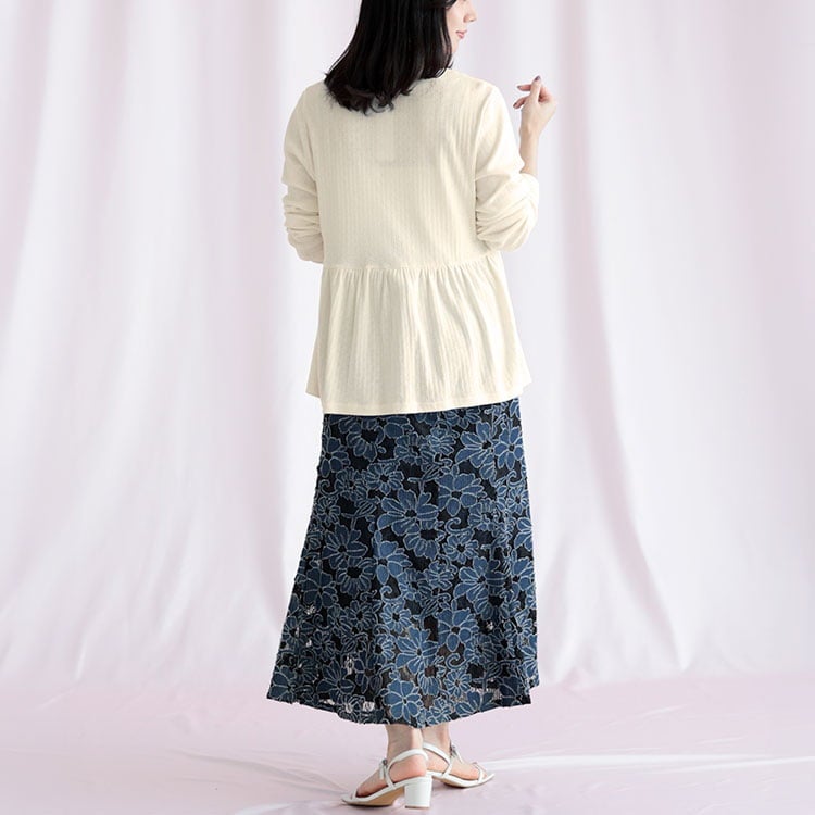 大きいサイズ レディース 小花パンチングリブ切替ペプラムVネックカーディガン