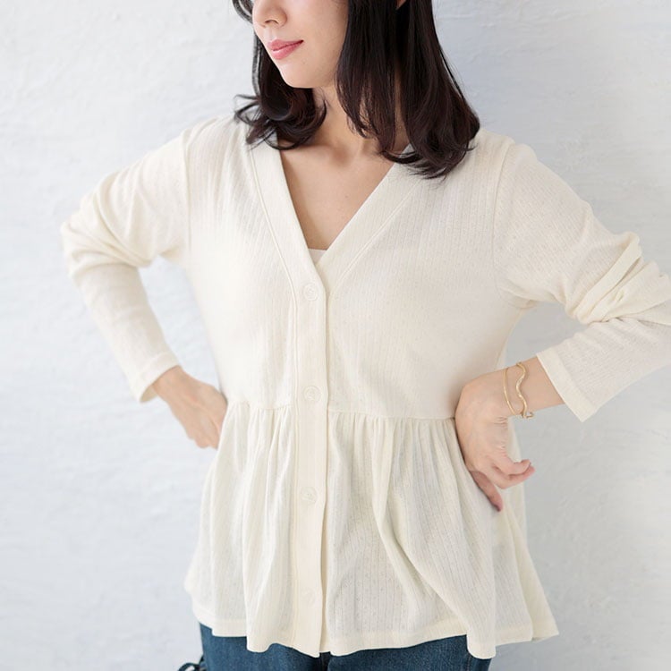 大きいサイズ レディース 小花パンチングリブ切替ペプラムVネックカーディガン