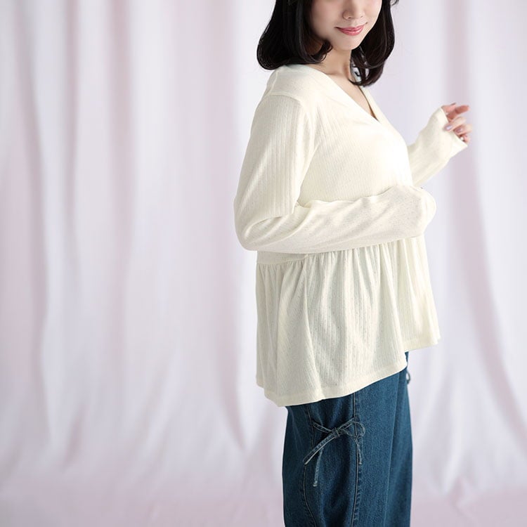 大きいサイズ レディース 小花パンチングリブ切替ペプラムVネックカーディガン