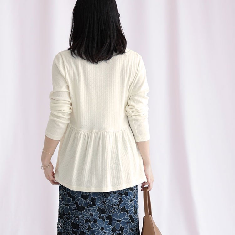 大きいサイズ レディース 小花パンチングリブ切替ペプラムVネックカーディガン