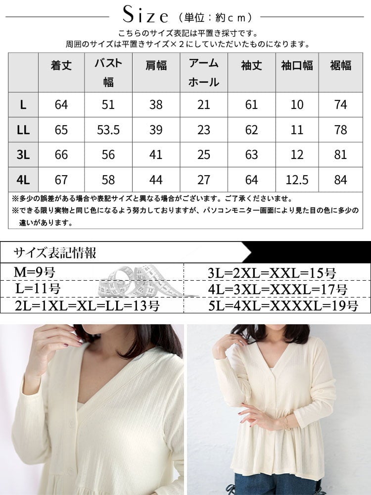 大きいサイズ レディース 小花パンチングリブ切替ペプラムVネックカーディガン