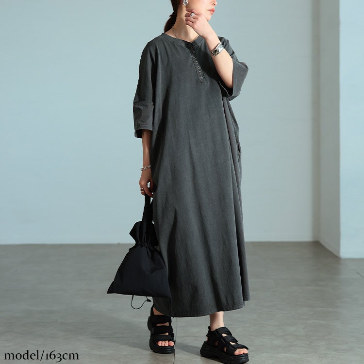 大きいサイズ レディース ヘンリーネックコットンワンピース