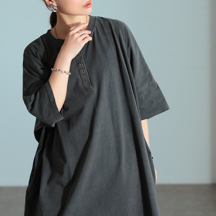 大きいサイズ レディース ヘンリーネックコットンワンピース