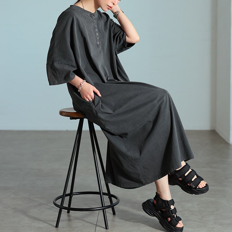 大きいサイズ レディース ヘンリーネックコットンワンピース