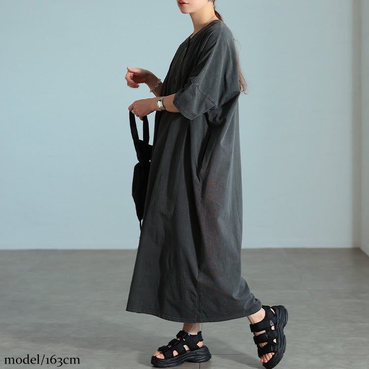 大きいサイズ レディース ヘンリーネックコットンワンピース